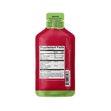 A red and green Energy Boost Vitamin Gel Pack from Shop FlavCity stands upright, showing supplement facts, Lion’s Mane, clean caffeine, usage directions, ingredients list, and a barcode on the back.