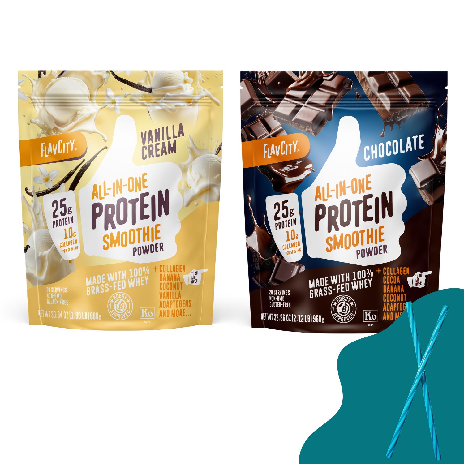 Two Shop FlavCity Fan Favorites All-In-One Protein Smoothie Powders—Vanilla Cream and Chocolate—stand side by side, each with 25g grass-fed whey protein, 11g collagen, plus banana and coconut.