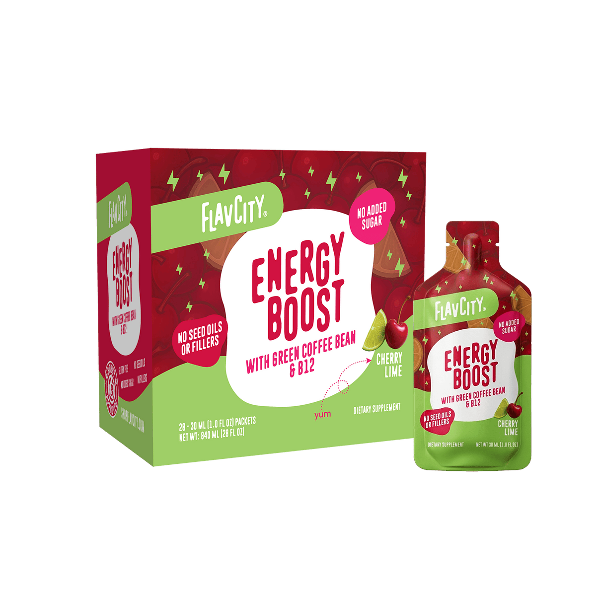A box and single pouch of Shop FlavCity Energy Boost Vitamin Gel Pack in Cherry Lime, with Lion’s Mane, green coffee bean for clean caffeine, and B12. Red & green packaging highlights no seed oils, fillers, or added sugar.