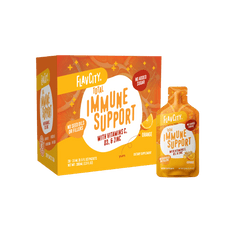 A Shop FlavCity Immune Support Vitamin Gel Pack with orange flavor features vitamins C, D3, and zinc for antioxidant protection. The packaging displays vibrant orange slice graphics and branding consistent with the box.