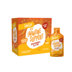 A Shop FlavCity Immune Support Vitamin Gel Pack with orange flavor features vitamins C, D3, and zinc for antioxidant protection. The packaging displays vibrant orange slice graphics and branding consistent with the box.
