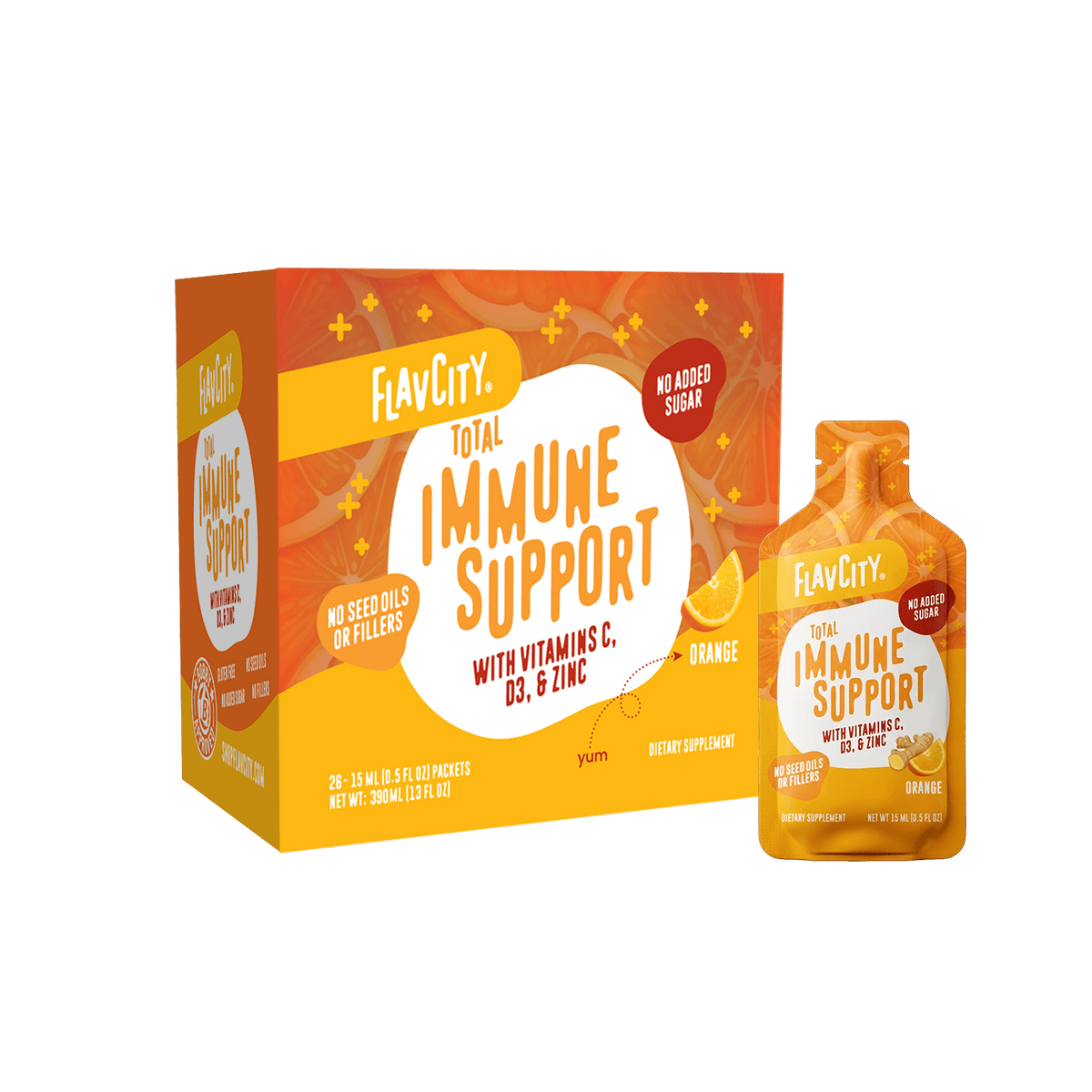 A Shop FlavCity Immune Support Vitamin Gel Pack with orange flavor features vitamins C, D3, and zinc for antioxidant protection. The packaging displays vibrant orange slice graphics and branding consistent with the box.