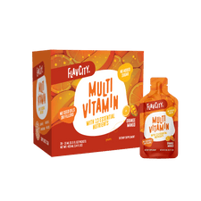 A box and pouch of Shop FlavCity Multivitamin Gel Pack in Orange Mango, delivering 33 essential vitamins for immune support. No added sugar, seed oils, or fillers. Shown on a white background.