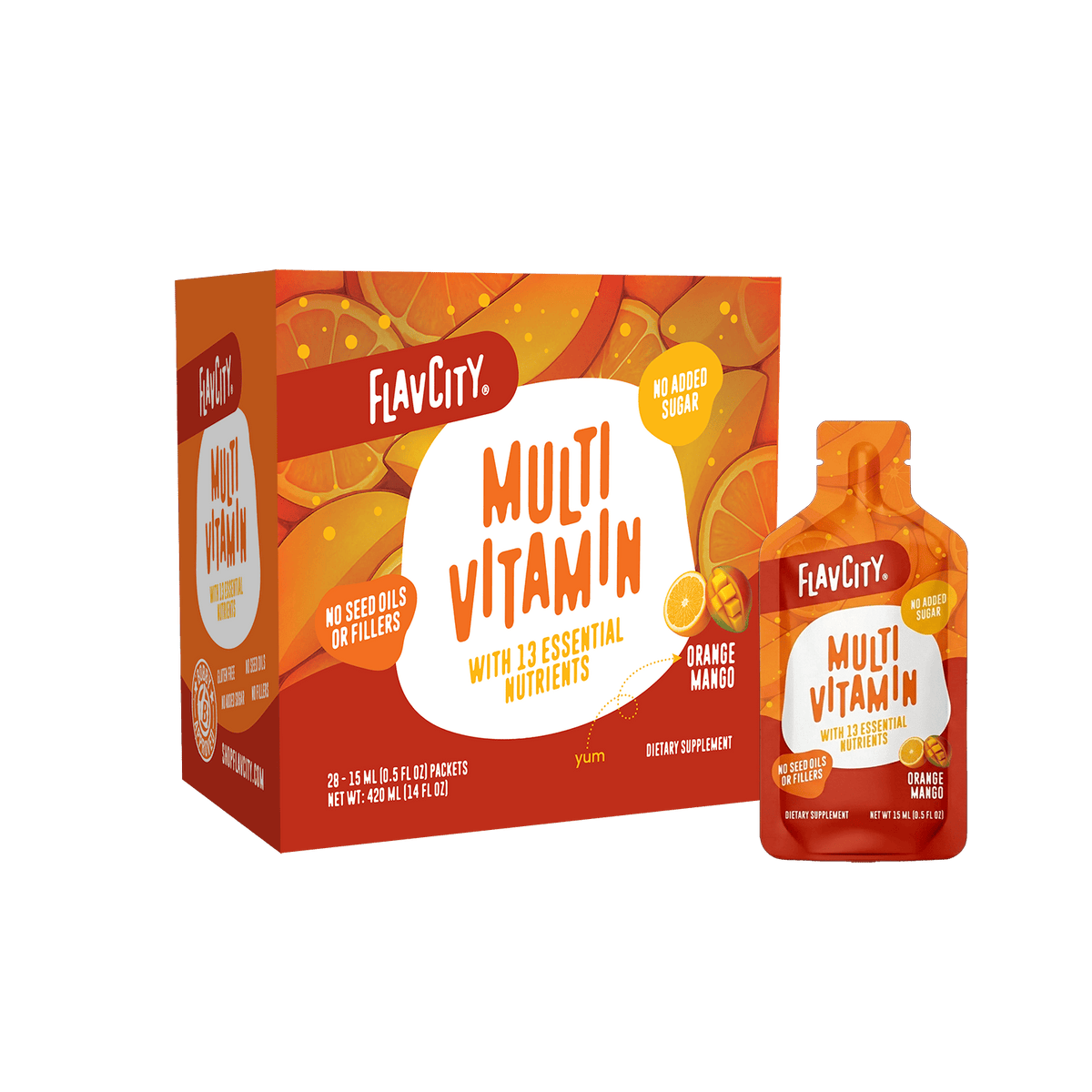 A box and pouch of Shop FlavCity Multivitamin Gel Pack in Orange Mango, delivering 33 essential vitamins for immune support. No added sugar, seed oils, or fillers. Shown on a white background.