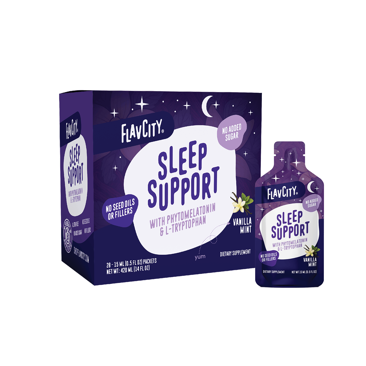 A box and packet of Shop FlavCity Sleep Support Vitamin Gel Pack in purple packaging, a vanilla mint melatonin gel with phytomelatonin and L-tryptophan, no added sugar, seed oils, or fillers; supports better sleep.
