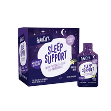 A box and packet of Shop FlavCity Sleep Support Vitamin Gel Pack in purple packaging, a vanilla mint melatonin gel with phytomelatonin and L-tryptophan, no added sugar, seed oils, or fillers; supports better sleep.