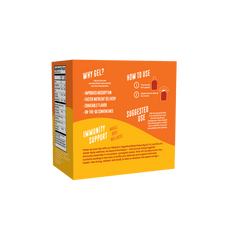 The image shows the back of a Shop FlavCity Immune Support Vitamin Gel Pack box in orange and yellow, highlighting antioxidant and immunity benefits, usage suggestions, and visible nutrition facts on the side.