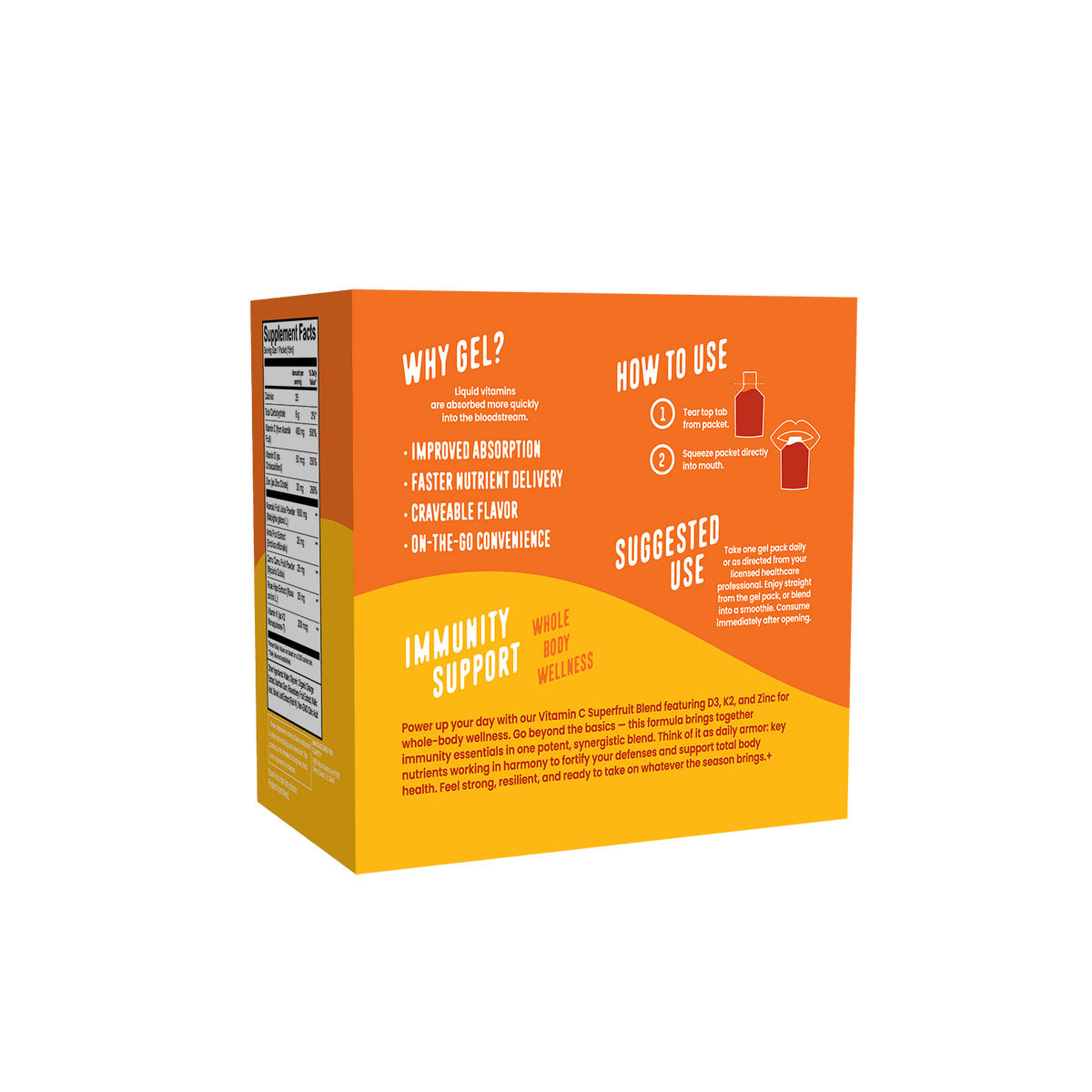 The image shows the back of a Shop FlavCity Immune Support Vitamin Gel Pack box in orange and yellow, highlighting antioxidant and immunity benefits, usage suggestions, and visible nutrition facts on the side.