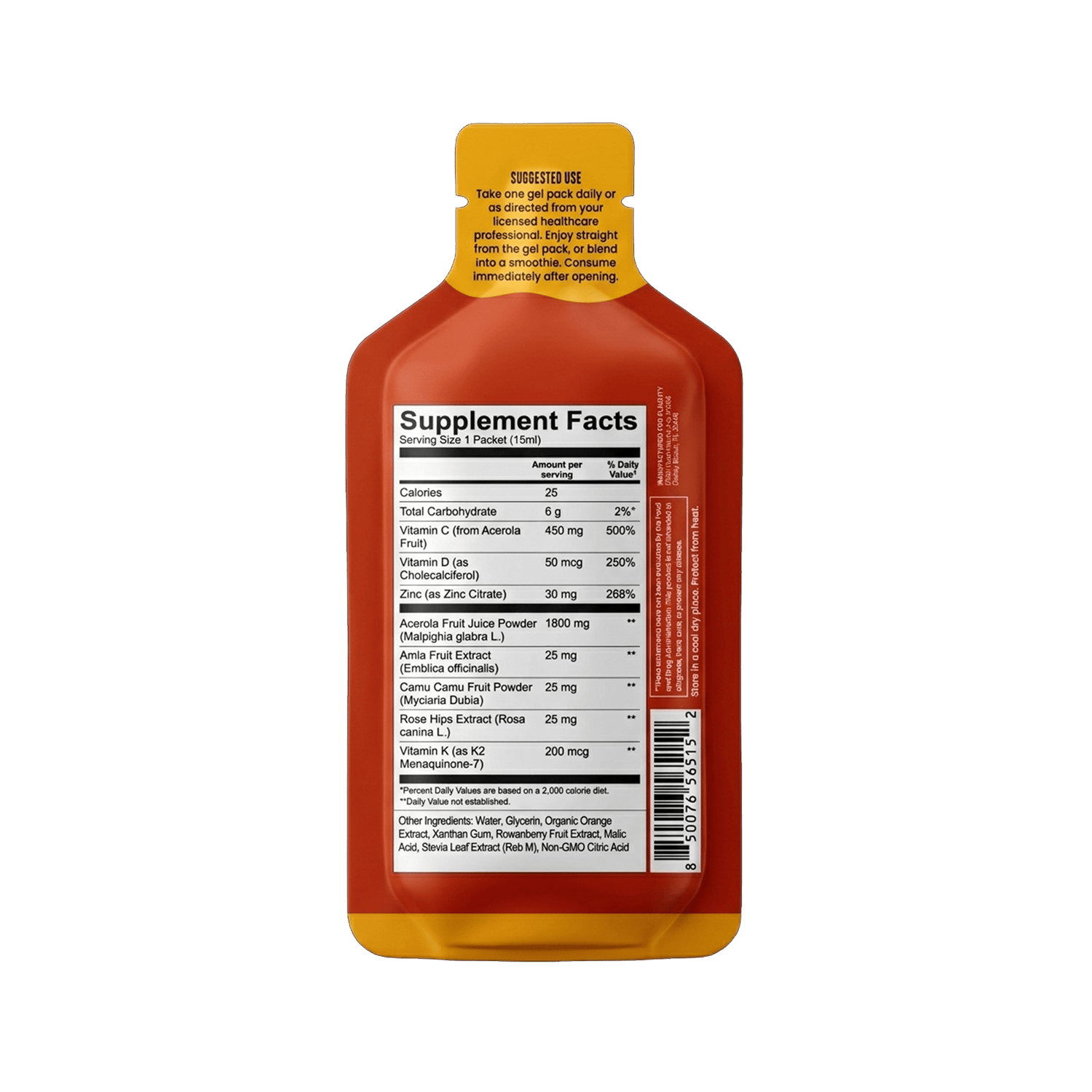 The Shop FlavCity Immune Support Vitamin Gel Pack features orange and brown packaging with a yellow top, black and white text, usage instructions above the Supplement Facts label, and offers antioxidant protection for immune support.