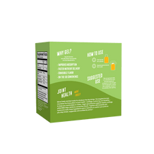 A green box of Shop FlavCity’s Joint Health Vitamin Gel Pack features benefits like improved absorption and faster delivery, plus Glucosamine facts, usage instructions, and suggested use in white text.