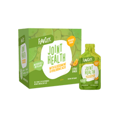 Shop FlavCity Joint Health Vitamin Gel Pack, citrus ginger flavor, with Glucosamine & Hyaluronic Acid for joint support, no added sugar. Available in box or single pouch. Vibrant green, yellow, and orange packaging.