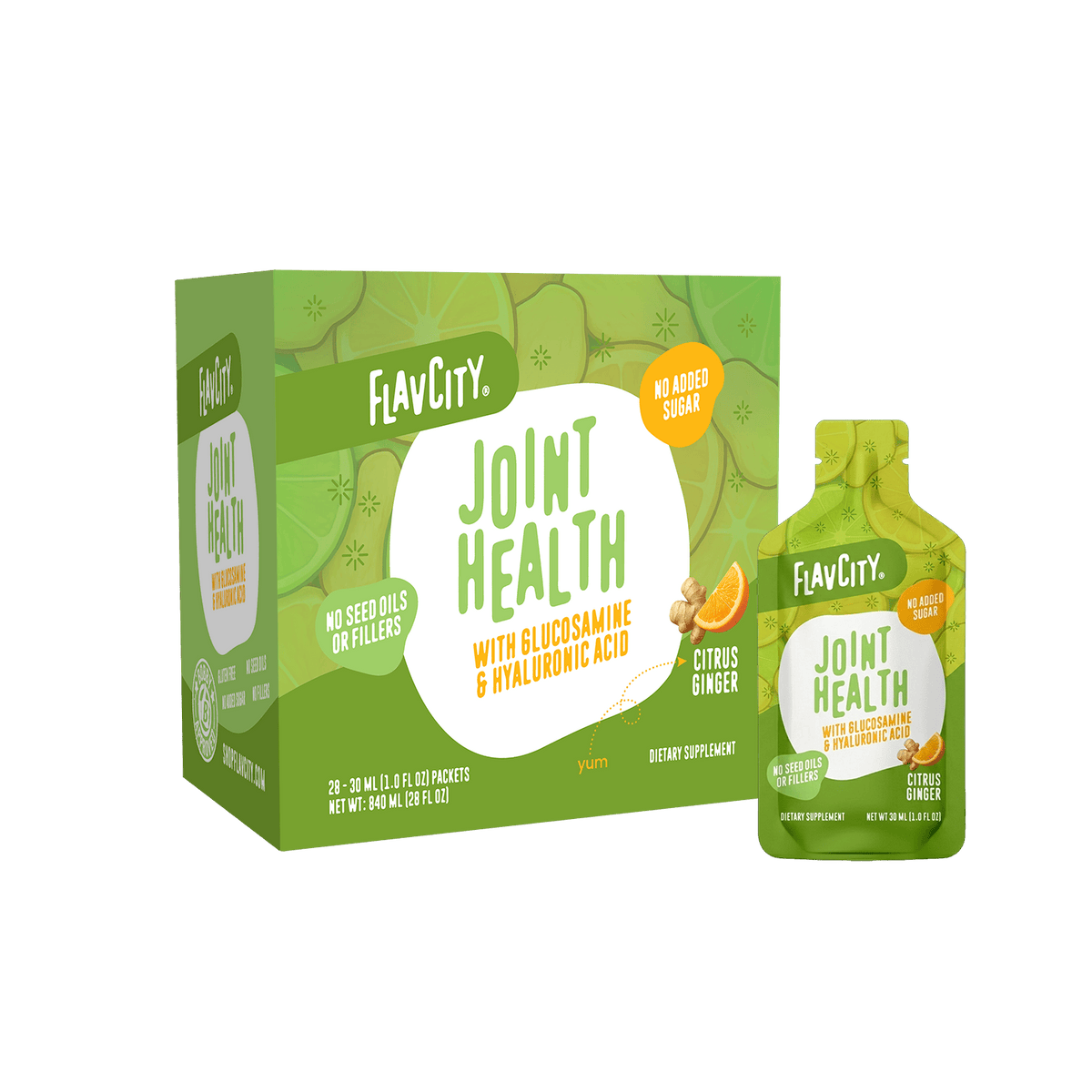 Shop FlavCity Joint Health Vitamin Gel Pack, citrus ginger flavor, with Glucosamine & Hyaluronic Acid for joint support, no added sugar. Available in box or single pouch. Vibrant green, yellow, and orange packaging.