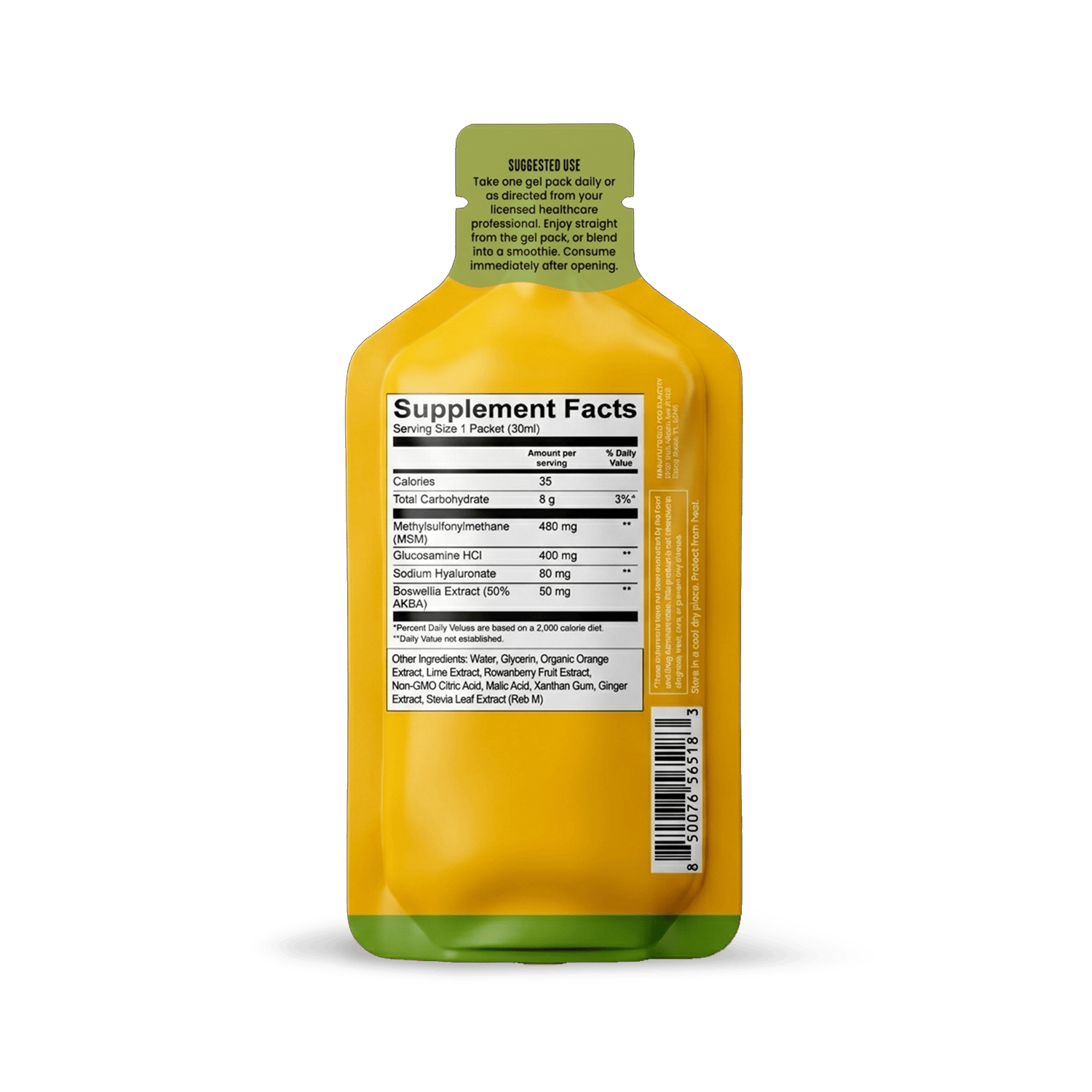 A Shop FlavCity Joint Health Vitamin Gel Pack in yellow and green is shown upright against a white background, featuring its Supplement Facts label with ingredients like Glucosamine and suggested use instructions on the back.