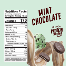 A Shop FlavCity Mint Chocolate Protein Smoothie next to its nutrition facts label, featuring two chocolate sandwich cookies and a swirling splash of liquid.