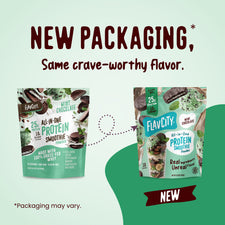 Two bags of FlavCity Mint Chocolate Protein Smoothie powder featuring grass-fed whey, showcasing product features, serving suggestions, and an updated package design.