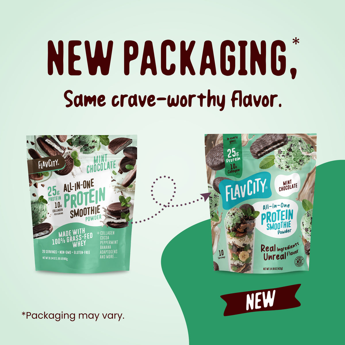 Two bags of FlavCity Mint Chocolate Protein Smoothie powder featuring grass-fed whey, showcasing product features, serving suggestions, and an updated package design.