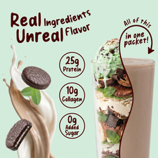 A glass of Shop FlavCity Protein Smoothie Single-Serve Mint Chocolate layered with chocolate chunks and mint leaves sits next to a splash of chocolate milk and two cookies, with text highlighting 25g protein, 10g collagen, and 0g added sugar.