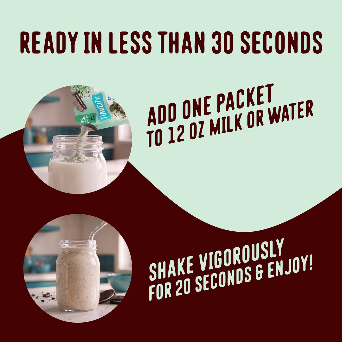A Shop FlavCity Protein Smoothie Single-Serve Mint Chocolate packet is poured into a glass of milk, with text steps to mix with 12 ounces of liquid and shake for 20 seconds to create the final drink.