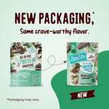Two side-by-side Protein Smoothie Single-Serve Mint Chocolate packets by FlavCity showcasing a transition in packaging design.