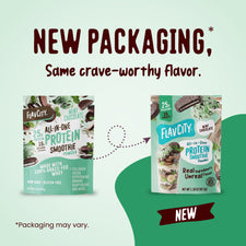 Two side-by-side Protein Smoothie Single-Serve Mint Chocolate packets by FlavCity showcasing a transition in packaging design.
