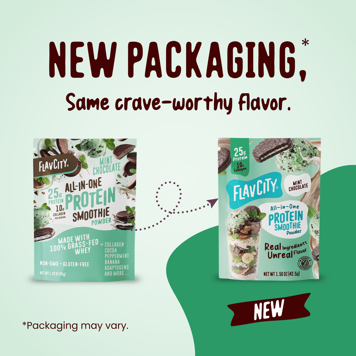 Two side-by-side Protein Smoothie Single-Serve Mint Chocolate packets by FlavCity showcasing a transition in packaging design.