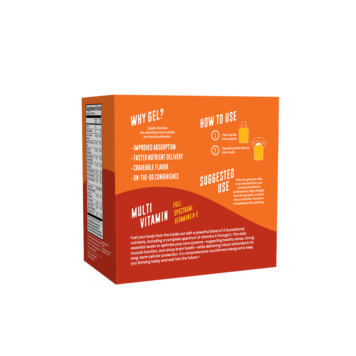 The Shop FlavCity Multivitamin Gel Pack features orange and white packaging with text highlighting immune support, improved absorption, cranberry flavor, on-the-go convenience, usage instructions, and suggested use details.