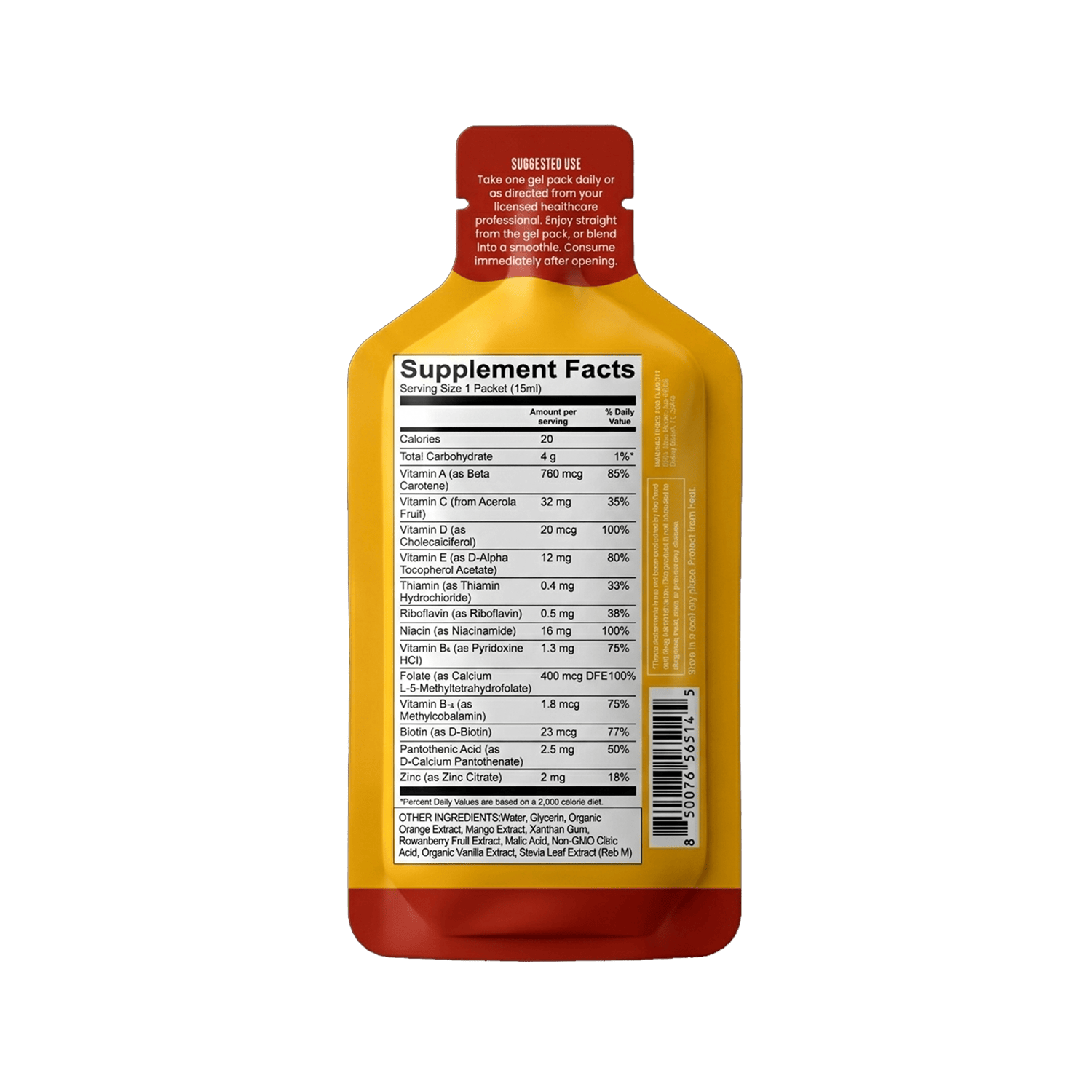 Back of a Shop FlavCity Multivitamin Gel Pack shows Supplement Facts, serving size, list of essential vitamins, suggested use instructions, and a barcode. The yellow and red pouch stands upright against a plain white background.