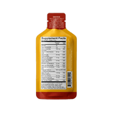 Back of a Shop FlavCity Multivitamin Gel Pack shows Supplement Facts, serving size, list of essential vitamins, suggested use instructions, and a barcode. The yellow and red pouch stands upright against a plain white background.