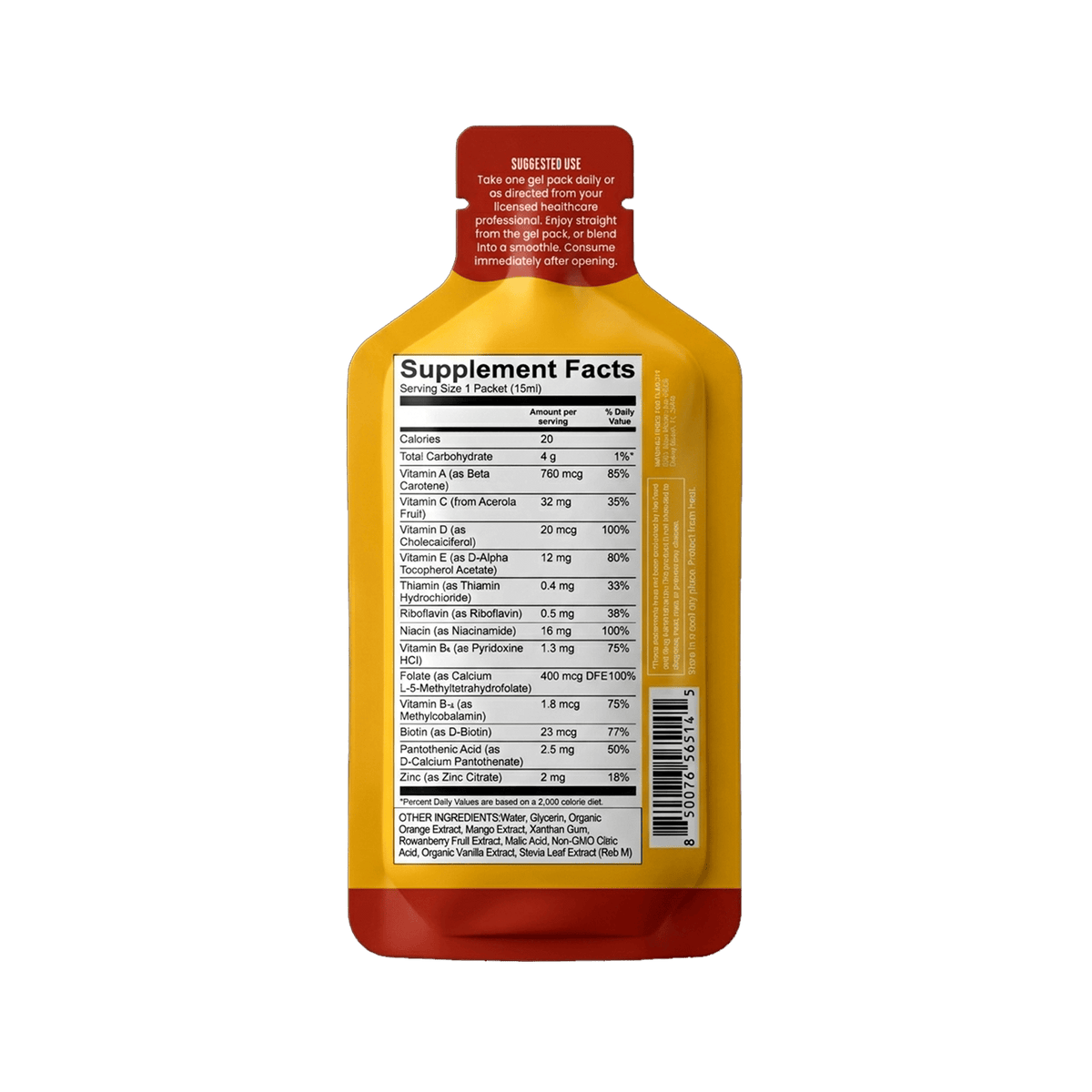 Back of a Shop FlavCity Multivitamin Gel Pack shows Supplement Facts, serving size, list of essential vitamins, suggested use instructions, and a barcode. The yellow and red pouch stands upright against a plain white background.