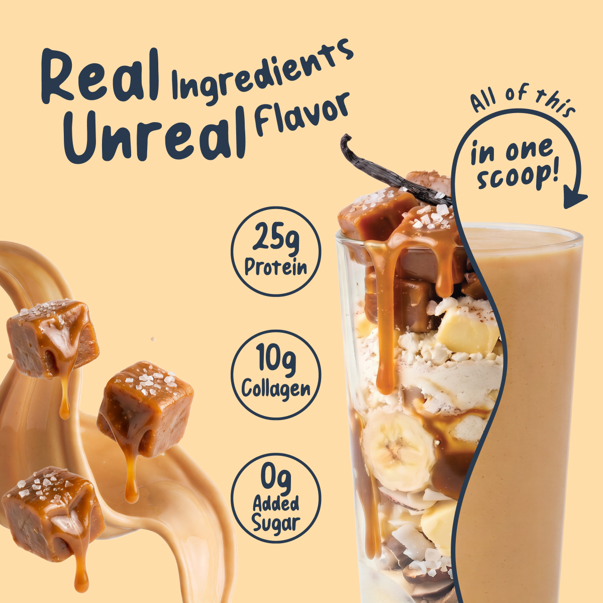 A Shop FlavCity Salted Caramel Protein Smoothie sits next to a glass filled with layers of caramel, banana, and collagen, with text highlighting 25g of protein, 10g of collagen, and 0g of added sugar.