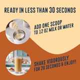 Instructional graphic for preparing a Shop FlavCity Salted Caramel Protein Smoothie: add one scoop of protein powder to 12 ounces of liquid, then shake vigorously for 20 seconds.
