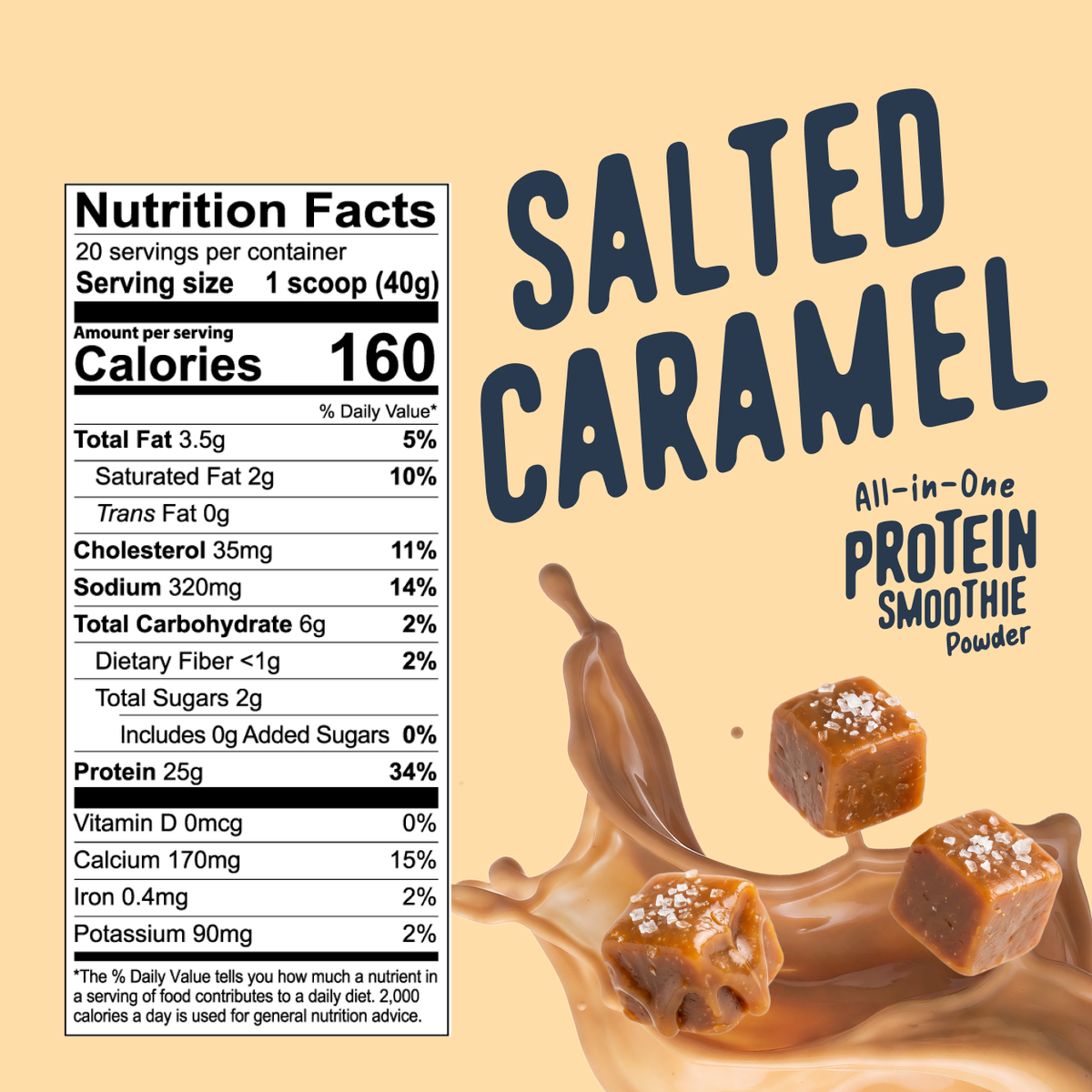 Shop FlavCity Salted Caramel Protein Smoothie nutrition facts label next to grass-fed whey protein powder, a splash of liquid, and three salted caramel cubes.