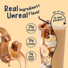 A glass layered with caramel cubes, banana slices, coconut, and vanilla sits next to a Protein Smoothie Single-Serve Salted Caramel, with text highlighting 25g grass-fed whey, 10g collagen, and 0g added sugar.