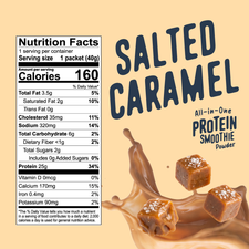 Nutrition facts label next to the Shop FlavCity Protein Smoothie Single-Serve Salted Caramel powder, featuring grass-fed whey, with a splash of caramel and two salted caramel cubes.