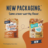 Comparison of old and new FlavCity Protein Smoothie Single-Serve Salted Caramel packaging, highlighting the grass-fed whey and collagen ingredients.