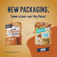 Comparison of old and new FlavCity Protein Smoothie Single-Serve Salted Caramel packaging, highlighting the grass-fed whey and collagen ingredients.