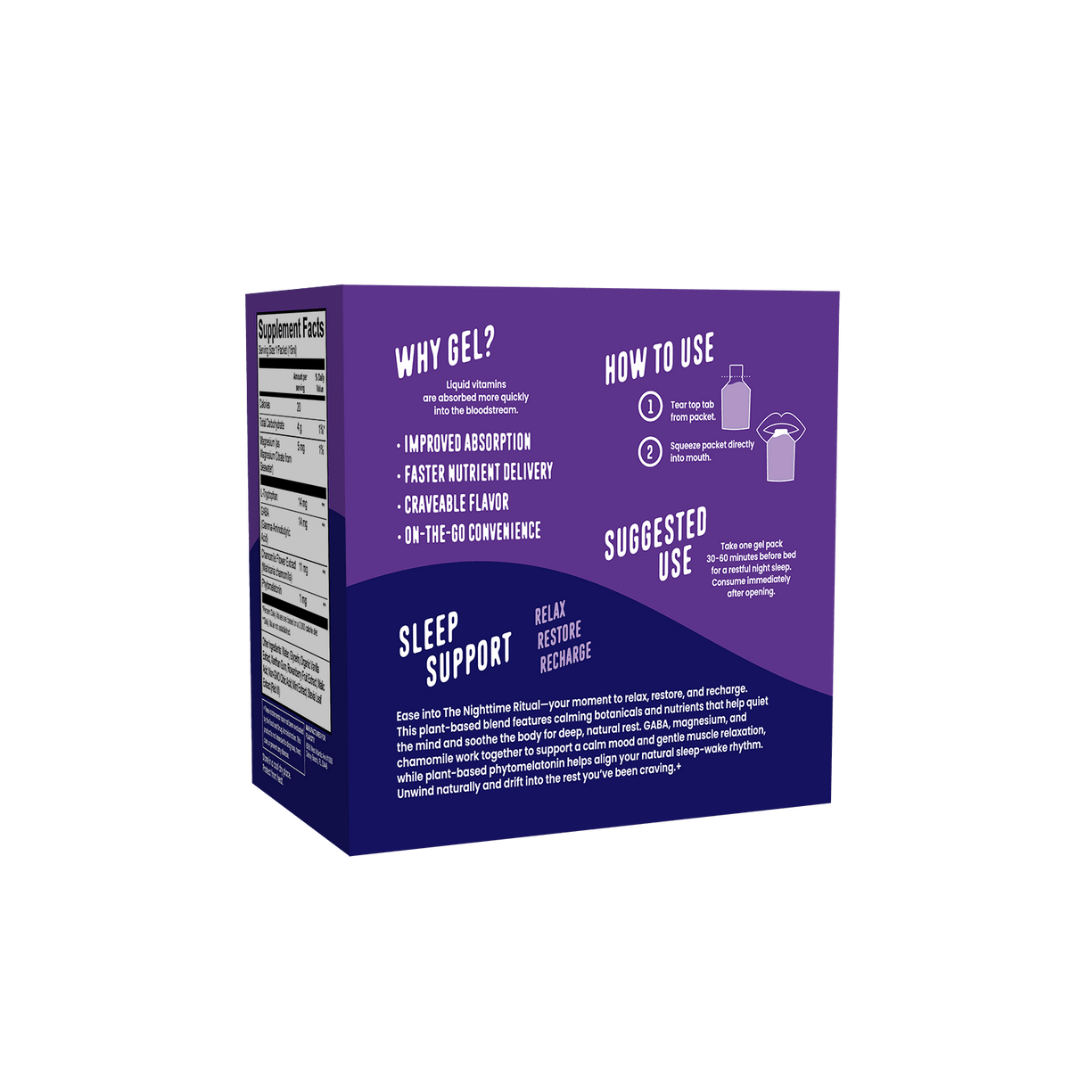 A purple box labeled "Why Gel?" and "How to Use" by Shop FlavCity features Sleep Support Vitamin Gel Pack supplement facts, highlighting better sleep from melatonin gel. Instructions and suggested use are printed on the back.
