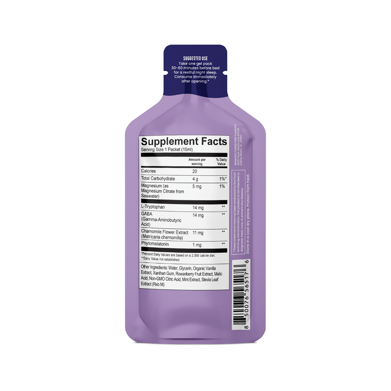 A purple Sleep Support Vitamin Gel Pack from Shop FlavCity displays a supplement facts label detailing calories, carbs, magnesium, L-Tryptophan, GABA, chamomile extract, directions for use, and its sleep support benefits.