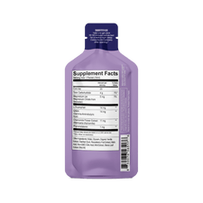A purple Sleep Support Vitamin Gel Pack from Shop FlavCity displays a supplement facts label detailing calories, carbs, magnesium, L-Tryptophan, GABA, chamomile extract, directions for use, and its sleep support benefits.
