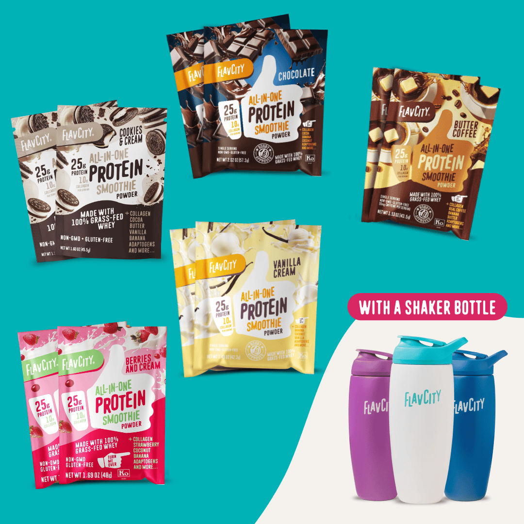Five Shop FlavCity Protein Smoothies Starter Kit packets are displayed with three branded shaker bottles (purple, blue, and white) on a teal background. Text reads: WITH A SHAKER BOTTLE.