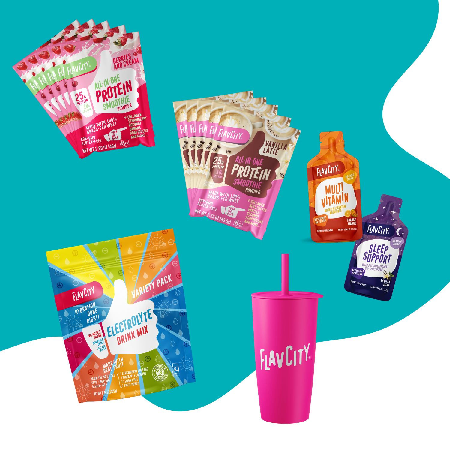 The Shop FlavCity Travel Kit, featuring protein smoothie packets, electrolyte drink mix, multivitamin, sleep support packs, and a bright pink tumbler with straw, displayed on a blue and white background.