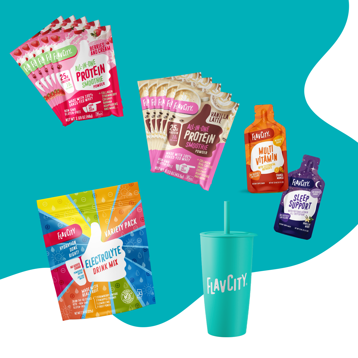 The Shop FlavCity Travel Kit includes protein smoothie packets, an electrolyte drink mix, multivitamin and sleep support pouches, plus a teal tumbler—everything you need for convenient nutrition on the go.