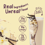 A glass of FlavCity Protein Smoothie Single-Serve Vanilla Cream layered with vanilla beans, banana slices, and whey protein powder, next to text highlighting 25g protein, 10g collagen, and 0g added sugar.