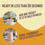 To prepare your Shop FlavCity Protein Smoothie Single-Serve Vanilla Cream, pour one packet into 12 ounces of liquid, then shake for 20 seconds.