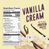 Nutrition facts label next to the Shop FlavCity Protein Smoothie Single-Serve Vanilla Cream, surrounded by grass-fed whey, vanilla beans, and cream splashes.