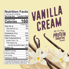 Nutrition facts label next to the Shop FlavCity Protein Smoothie Single-Serve Vanilla Cream, surrounded by grass-fed whey, vanilla beans, and cream splashes.