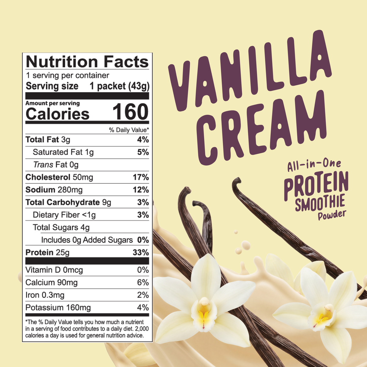 Nutrition facts label next to the Shop FlavCity Protein Smoothie Single-Serve Vanilla Cream, surrounded by grass-fed whey, vanilla beans, and cream splashes.