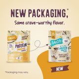 Comparison of old and new FlavCity Protein Smoothie Single-Serve Vanilla Cream packaging, showing the product name, 25g protein, 10g collagen, and flavor details.