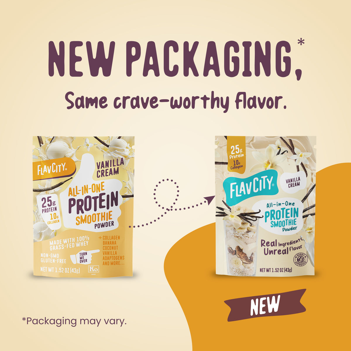 Comparison of old and new FlavCity Protein Smoothie Single-Serve Vanilla Cream packaging, showing the product name, 25g protein, 10g collagen, and flavor details.