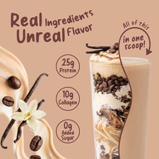 A glass displays layers of vanilla beans, coffee beans, and protein powder for a Shop FlavCity Vanilla Latte Protein Smoothie, with text highlighting 25g of grass-fed whey protein, 10g of collagen, and 0g added sugar.